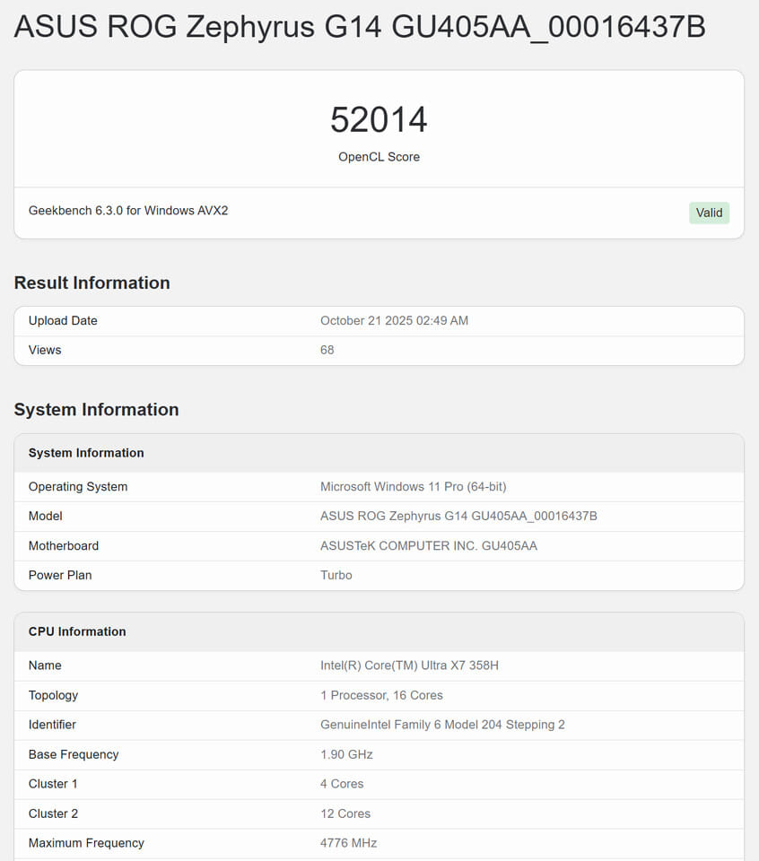 Intel core ultra 358h x geekbench